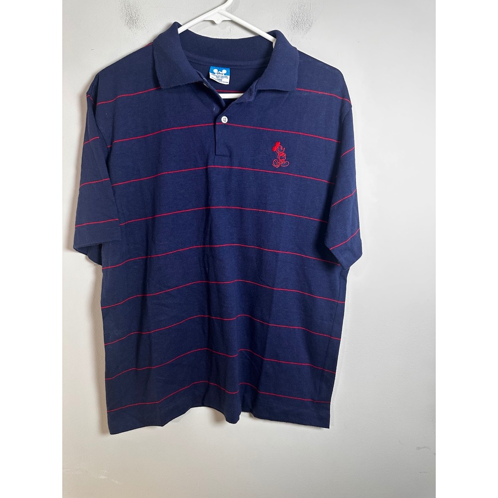 Vintage Disney Character Fashions Mickey Mouse Striped Polo Shirt Navy Blue L